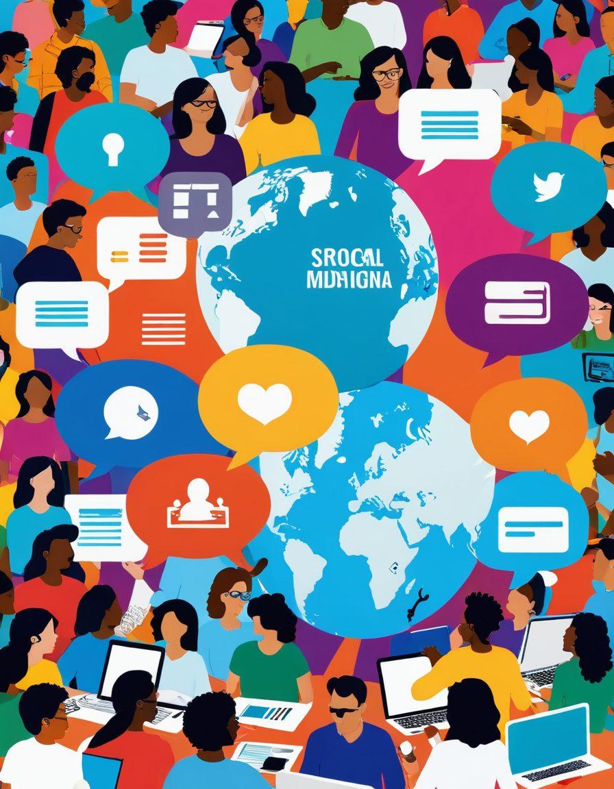 A vibrant digital collage depicting diverse bloggers connecting through various devices, sharing ideas in a colorful online community. Include speech bubbles with engaging quotes, a globe representing global connections, and imagery of social media icons. The background should be a lively blend of colors symbolizing creativity and collaboration. super-realistic. vibrant colors. modern design.