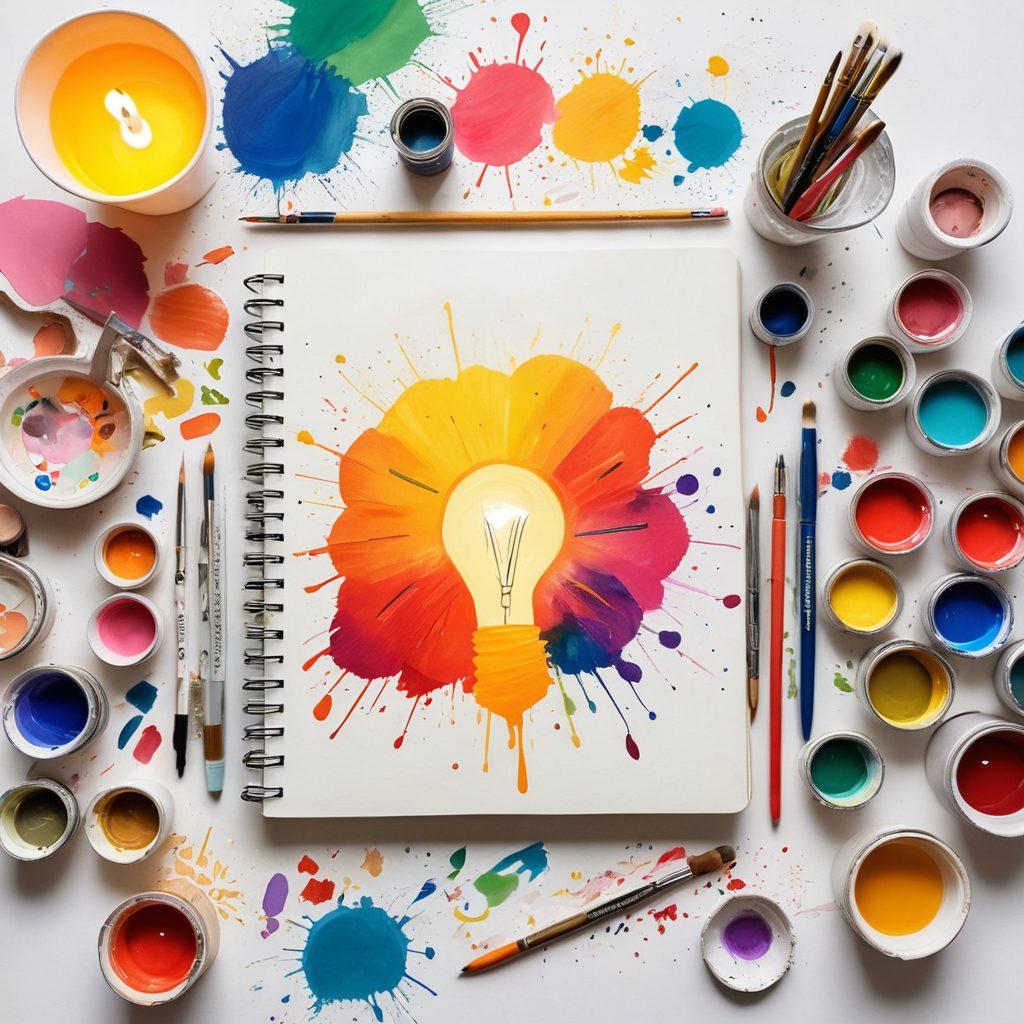 A colorful open notebook surrounded by vibrant art supplies like paints, brushes, and papers, symbolizing creative expressions. In the background, a diverse group of bloggers engaged in brainstorming discussions, radiating enthusiasm and collaboration. Light bursts of inspiration, such as light bulbs or abstract shapes, float above. The overall scene conveys a sense of community and creativity. super-realistic. vibrant colors. white background.