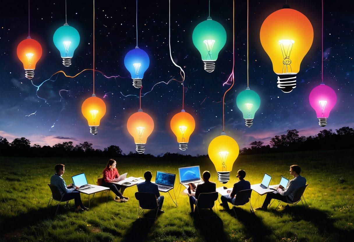 A vibrant landscape showcasing a diverse group of bloggers engaged in content creation, surrounded by floating lightbulbs representing ideas, and a path leading to a bright horizon symbolizing impact. Incorporate elements like laptops, notebooks, and a swirling multicolor stream of text to depict creativity and connectivity. The setting should be a fusion of nature and technology, illustrating the blend of organic thoughts with digital expression. super-realistic. vibrant colors.